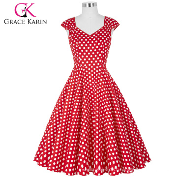 Grace Karin Stock sans manches V-Neck Polka Dots motif en coton rétro vintage robe de soirée rouge CL007600-8